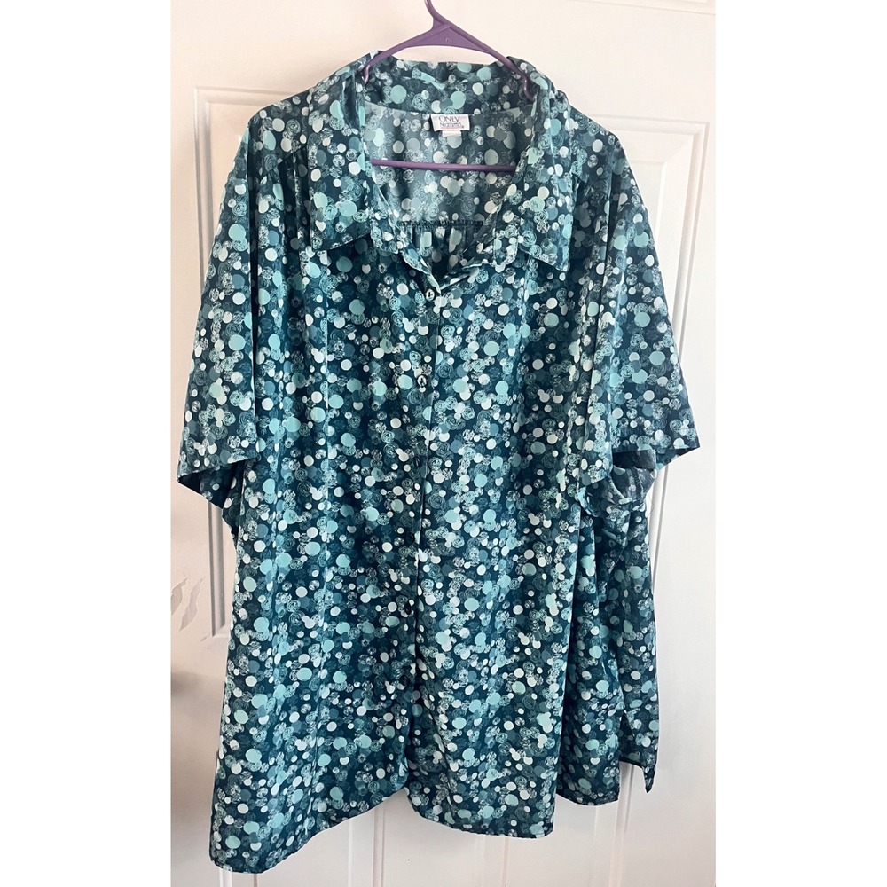Only Necessities 4X Teal Blue Bubble Dot Print Button Up Shirt Women's Plus Size